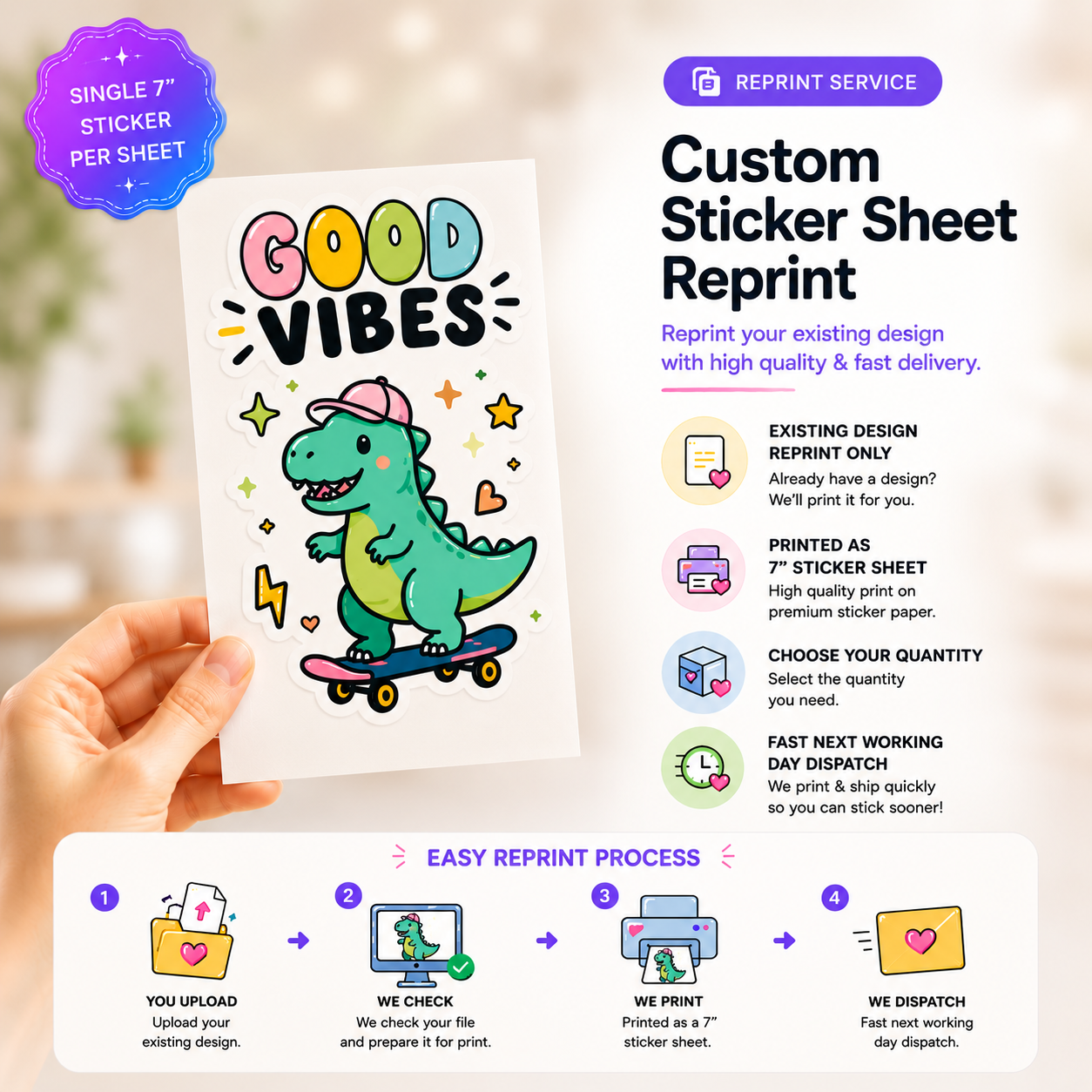 Custom Sticker Sheet Reprint – 7” Single Sticker Sheet